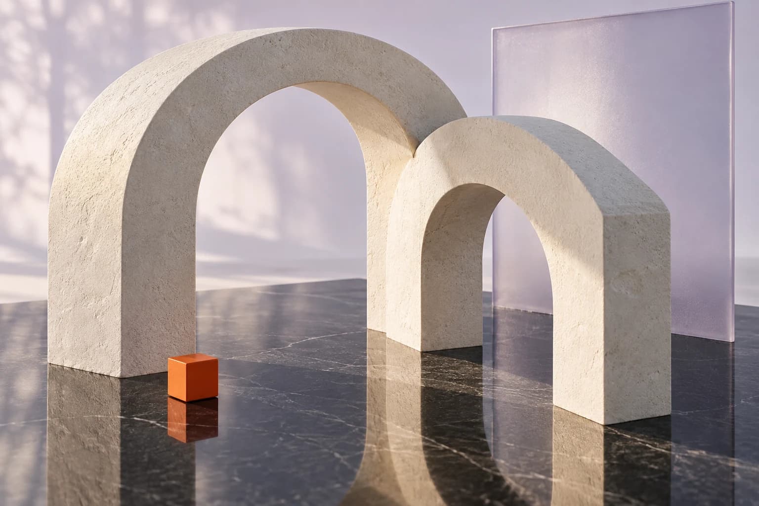 Stone arches and a lavender glass panel in soft natural light